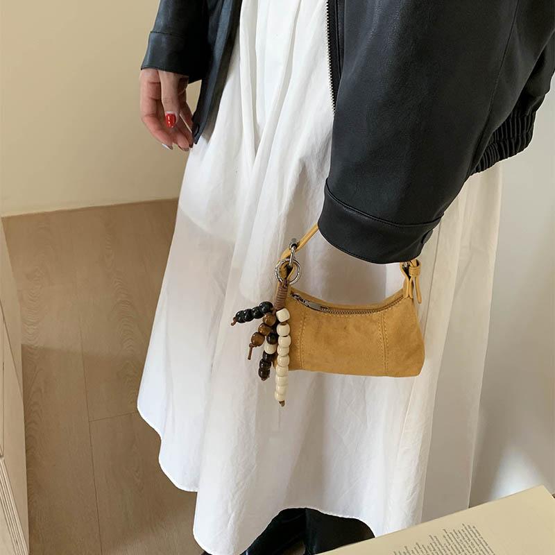 Замшевая матовая сумка через плечо, Винтажная сумка-хобо полумесяц, Женская однотонная сумка, Компактная шикарная сумка для通勤, Осенне-зимняя