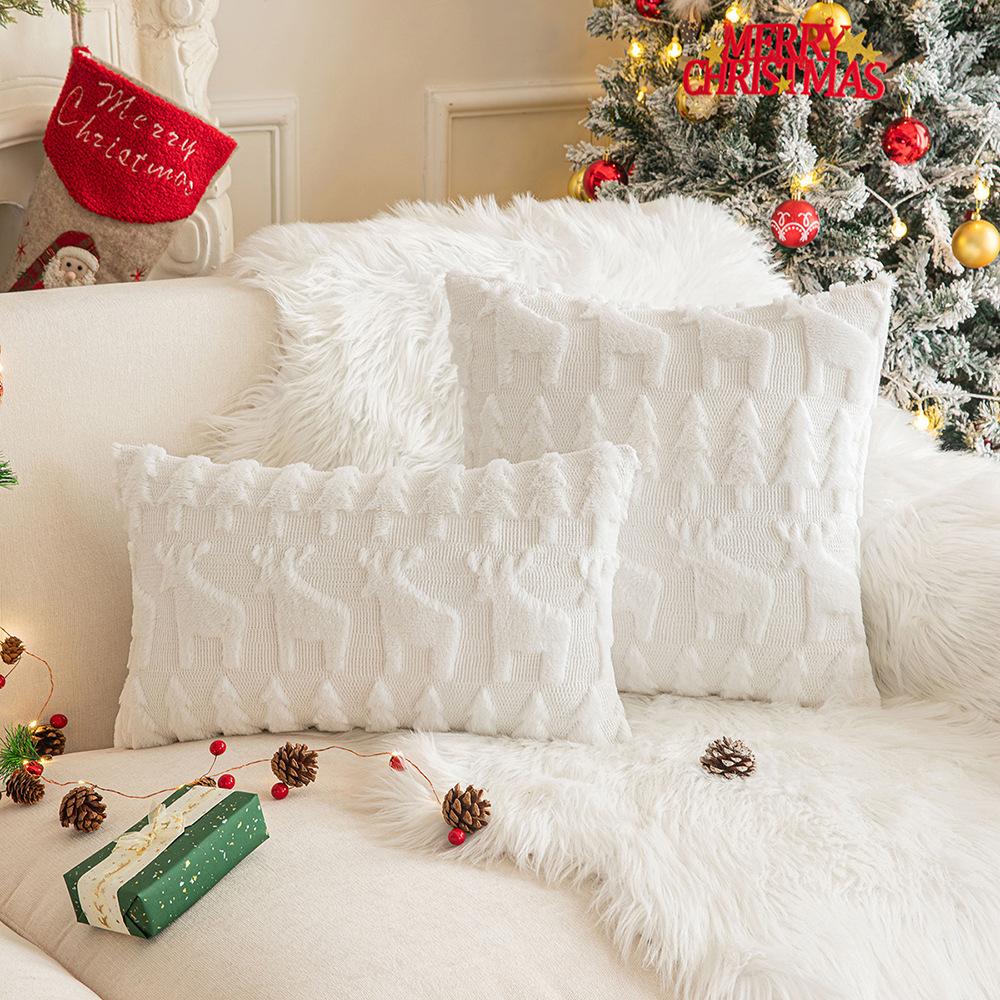 Christmas Throw Pillow Cover Plush Snowflake Christmas Tree Embroidered Living Room Sofa Cushion Holiday Party Decorative Cushion Cover
