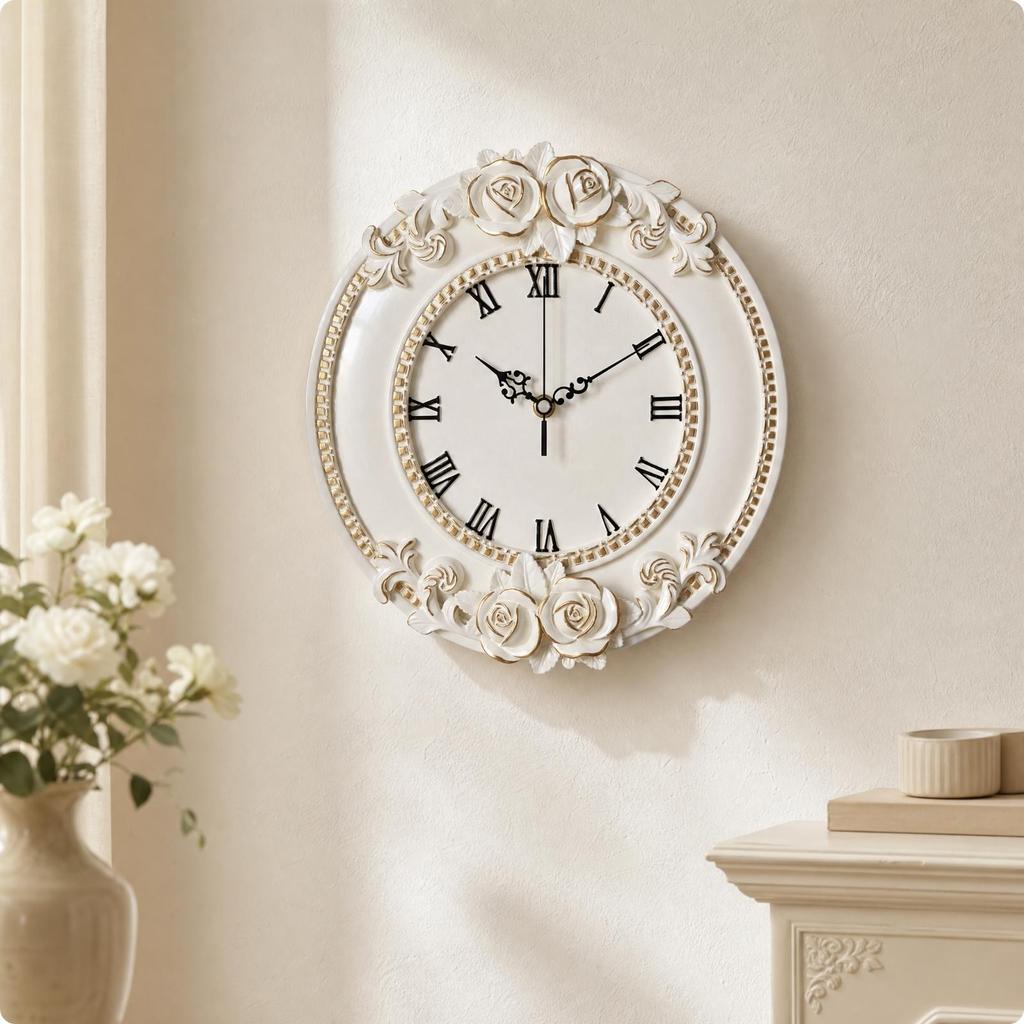 12Inch WallMounted Analog Clock Quiet Decorative Wall with Floral Frame NonTicking Timepiece