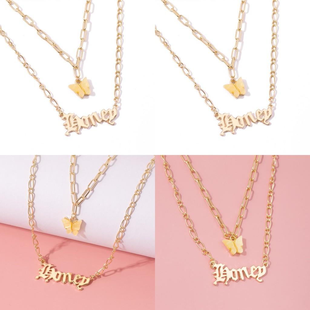 Chic Yellow Butterfly Honey Letter Necklace Elegant Layered Chain Accessory For Women