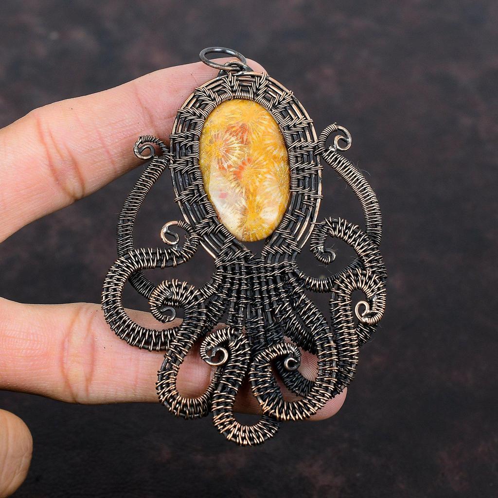 Fossil Coral Pendant Copper Wire Wrapped Pendant Original Gemstone Jewelry Handmade Pendant Gift For Her Copper Wire Jewelry Octopus Pendant
