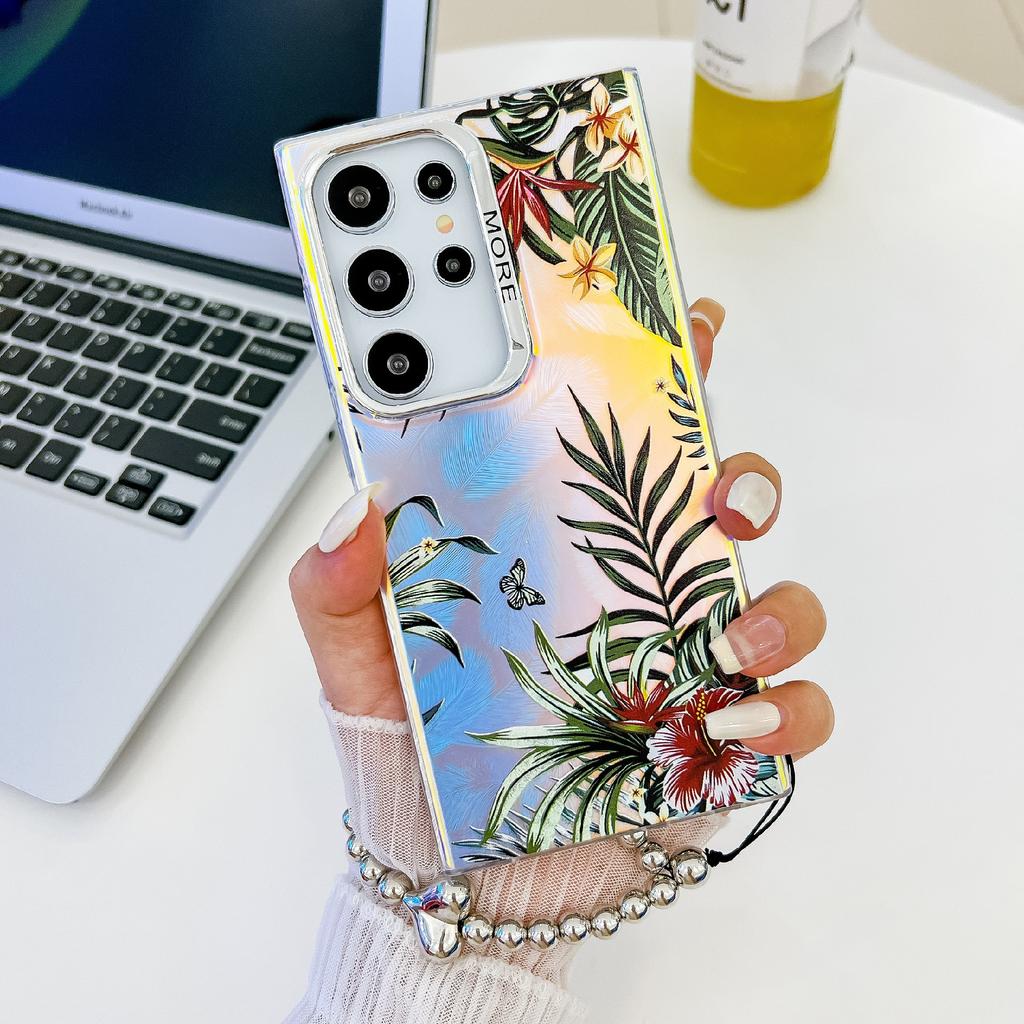 For Samsung Galaxy S24 Ultra Case TPU+PC Flower Pattern Laser Texture Phone Cover with Beaded Bracelet