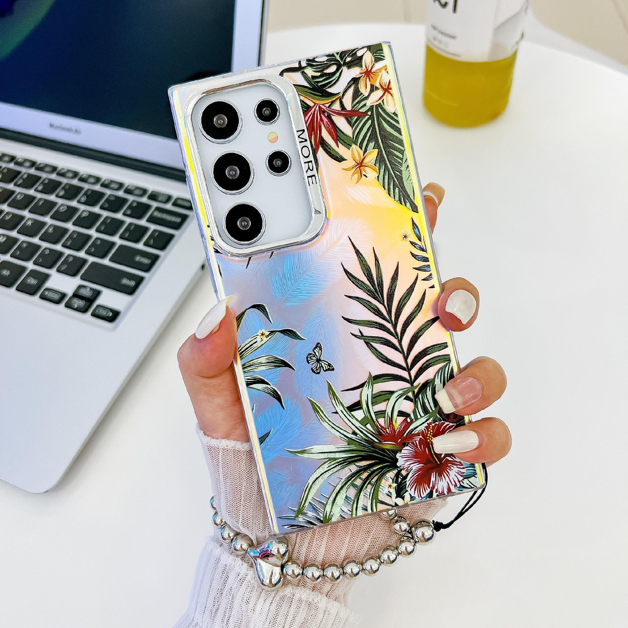 

For Samsung Galaxy S24 Ultra Case TPU+PC Flower Pattern Laser Texture Phone Cover with Beaded Bracelet AH12