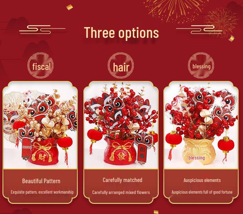 2025 Spring Festival New Year Fortune Bucket: Fu Character Ornament with Artificial Red Fruit and Flowers