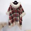 Cloak Shawl Plaid Fleece Collar Plush Thickened Tassel Knitted Shawl Large Size Wool Jacket 0859