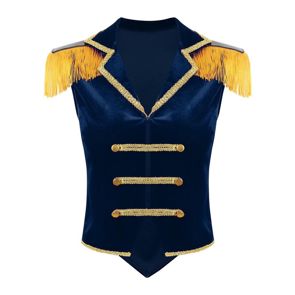 Womens Circus Ringmaster Vest Lapel Sleeveless Tassels Velvet Waistcoat Irregular Hem Button Design Cosplay Costume