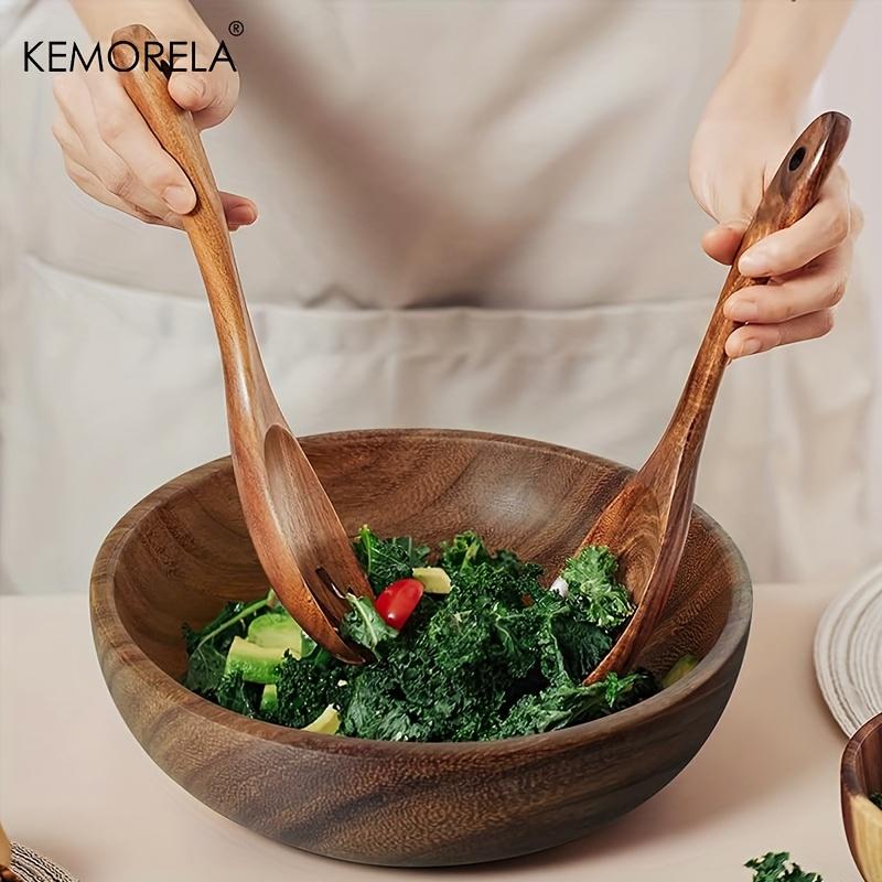 Akaciaträ Salladsbestick Set med 2 Långskaftad Sked Och Gaffel Set för Blandning Hållbara KöksServeringsverktyg