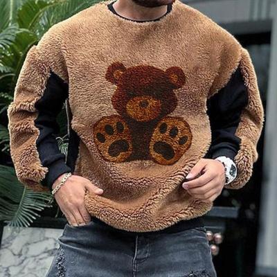 Sudadera deportiva casual de otoño para hombre talla grande con estampado de oso, mangas patchwork, felpa