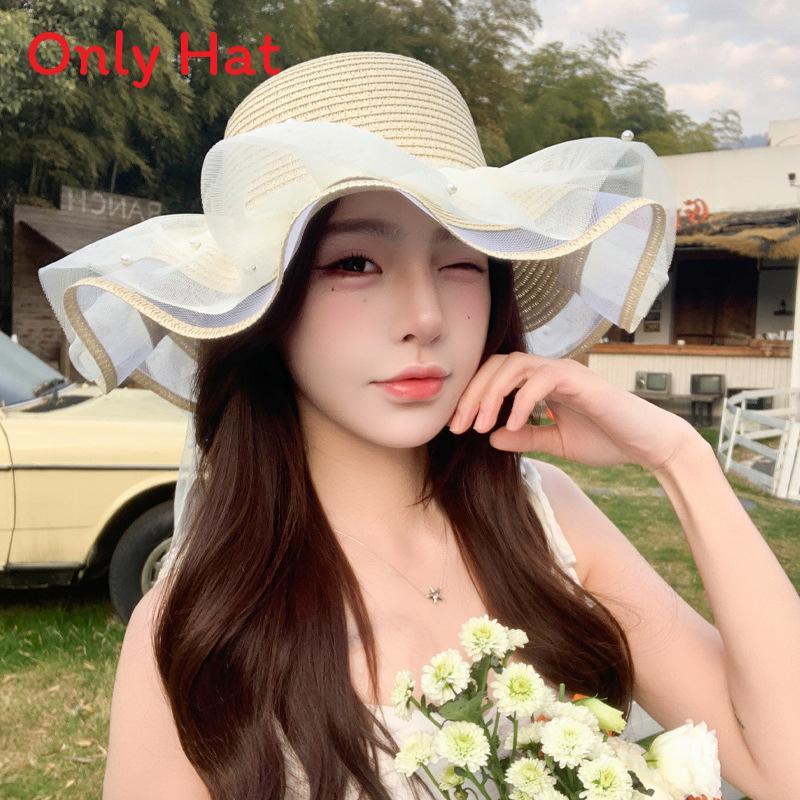 Straw Sun Hat With Wide Brim And Pearl Bow For Summer Beach Vacation