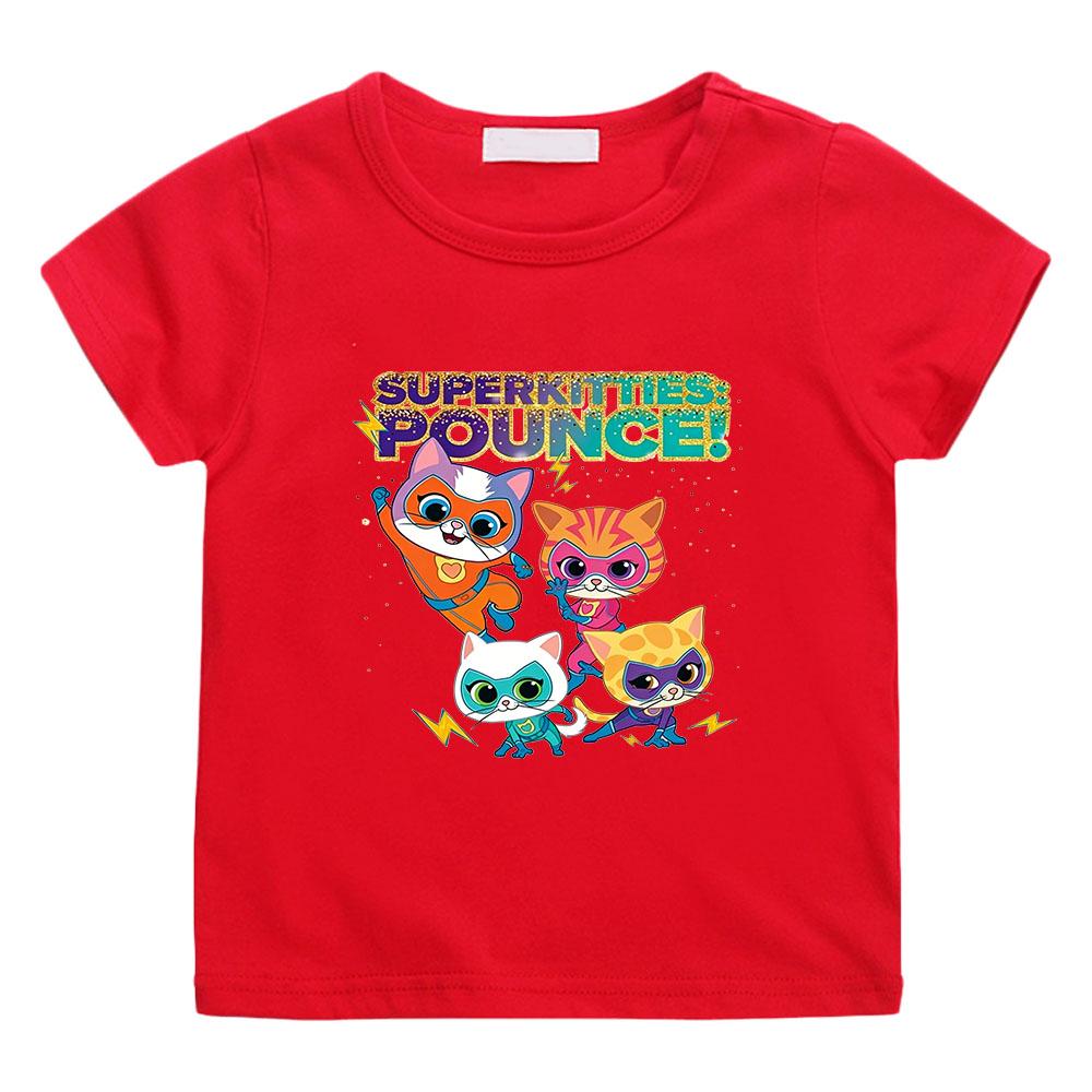 

2026 NEW SuperKitties Print Anime T-shirt 100%Cotton Casual T-shirt Boys and Girls Tops O-neck Funny T-shirt Short Sleeve Manga Tees Summer clothes 100 червоний