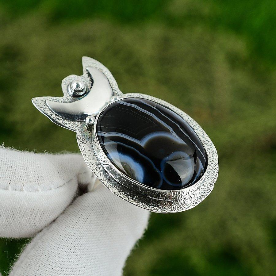 925 Sterling Silver Oval Natural Sardonyx New Stackable Crescent Moon Bezel Ring Adjustable