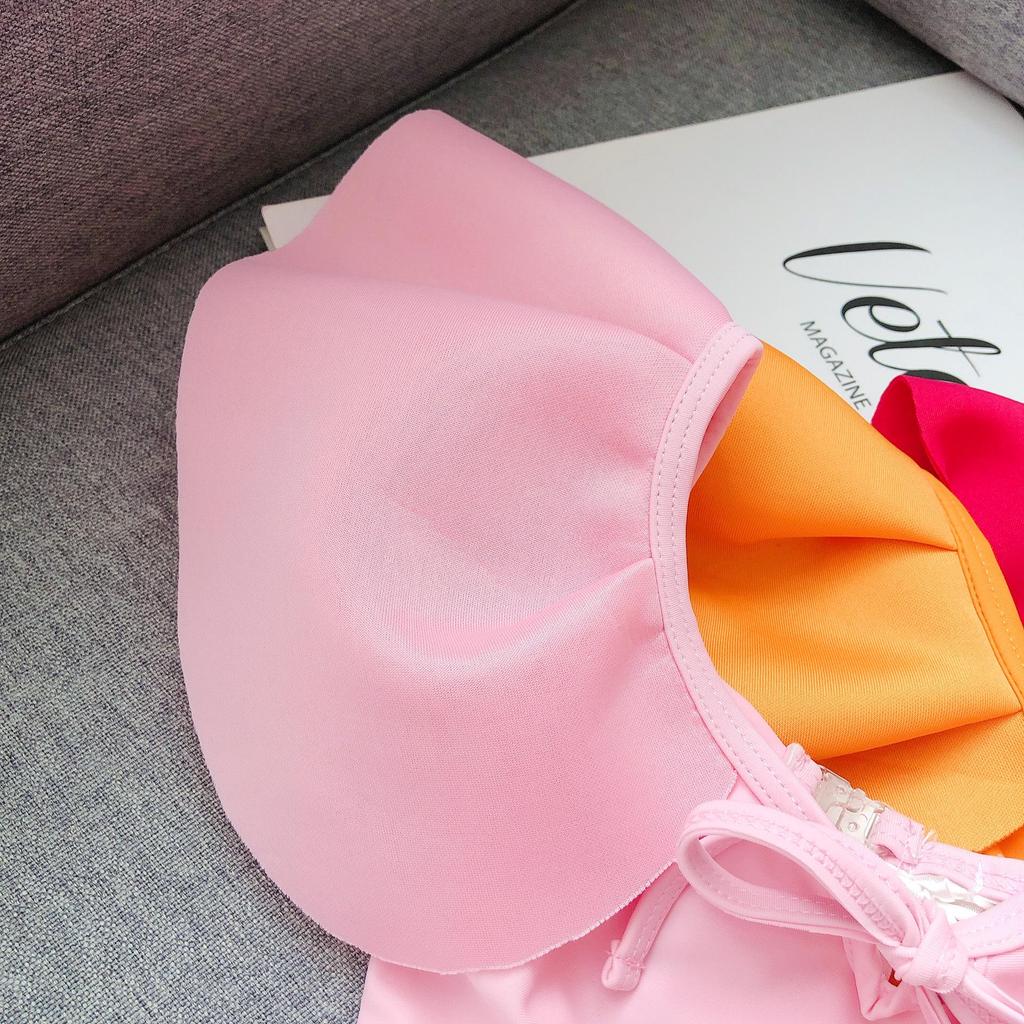 New Korean Style Girls' One-Piece Swimsuit with Ruffled Edges & Bow - Solid Color for Small to Medium Kids