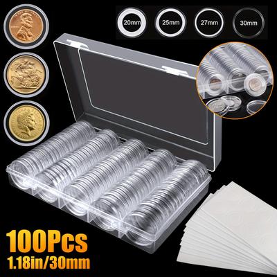 100 peças/caixa Cápsulas para Moedas de 30mm com Anel de Proteção Branco e Caixa Organizadora de Armazenamento de Plástico para Materiais de Coleção de Moedas, Adequado para Moedas de Tamanho 17/20/25/27/30mm