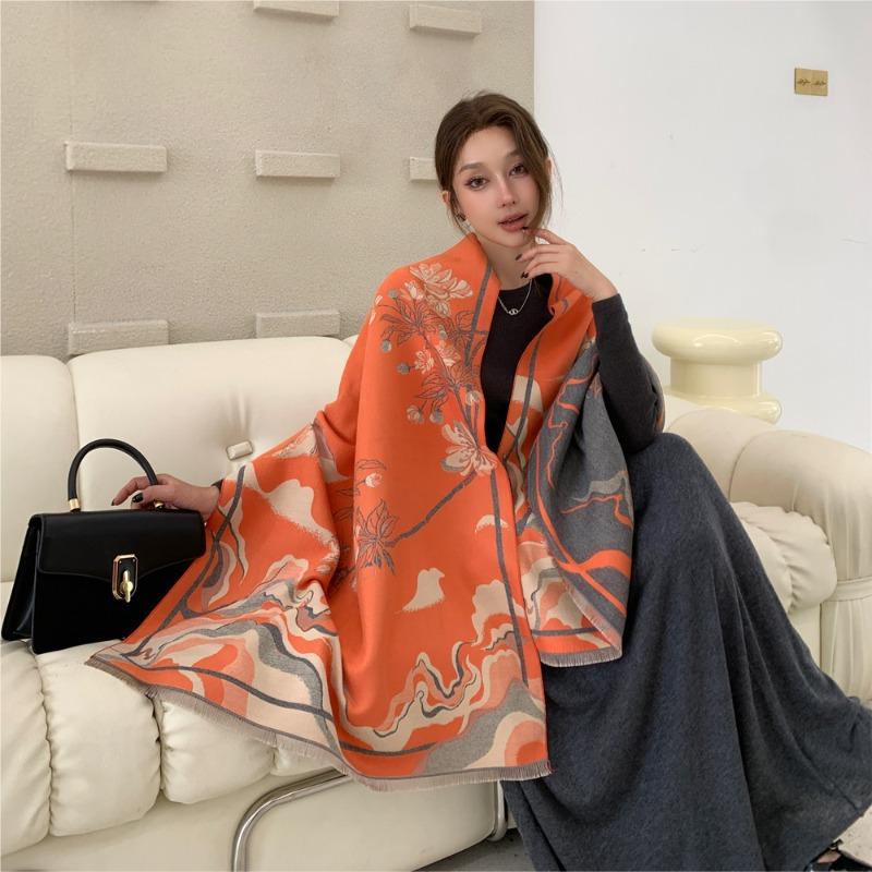 Autumn and winter new landscape begonia double-sided jacquard scarf elegant atmosphere shawl women's thickened warm scarf
