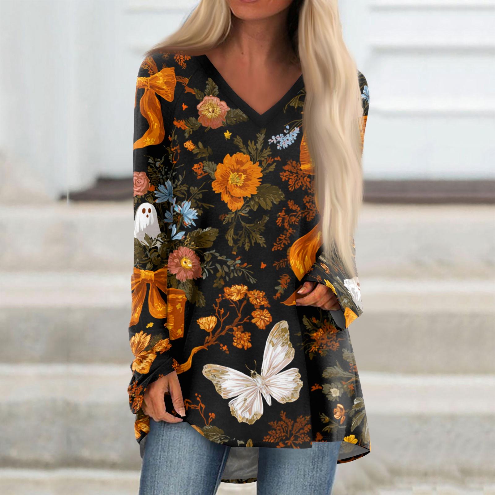 Women s Long Sleeve V-Neck Halloween Print Tunic Top Casual Tee L