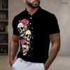 Men S Plus Size Black Short Sleeve Polo Shirt Skull Rose Printed Collared Button Placket