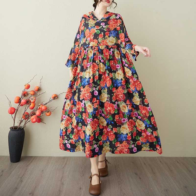 Ladies' Retro Niche Cloud Brocade Yarn Cotton Linen Hooded Printed Dress