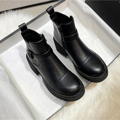 Leather Platform Women'S Boots New British High Heels Small Height Increase Thick Heels Short Boots Winter Velvet Shoes Women