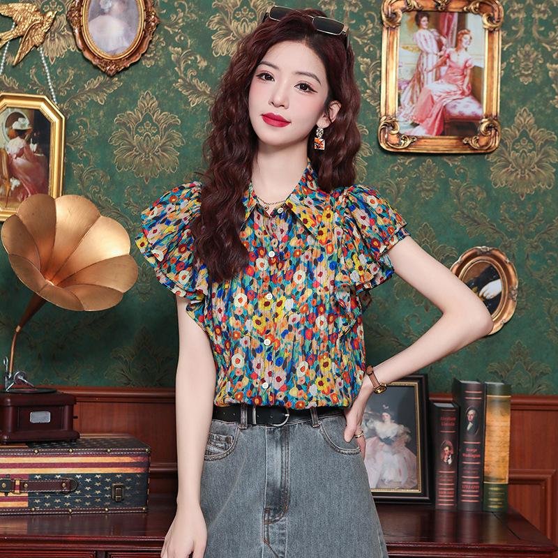 Summer Hong Kong Style Floral Print Youthful Top Shirt with a Design Sense Versatile and Stylish Blouse