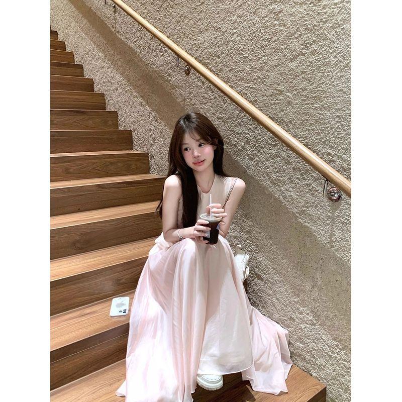 Kumikumi Sweet Style Fake Two Pieces Patchwork Vest One Piece Dress Women Clothing Summer Slimming Pink Large Swing Skirt Long Dress