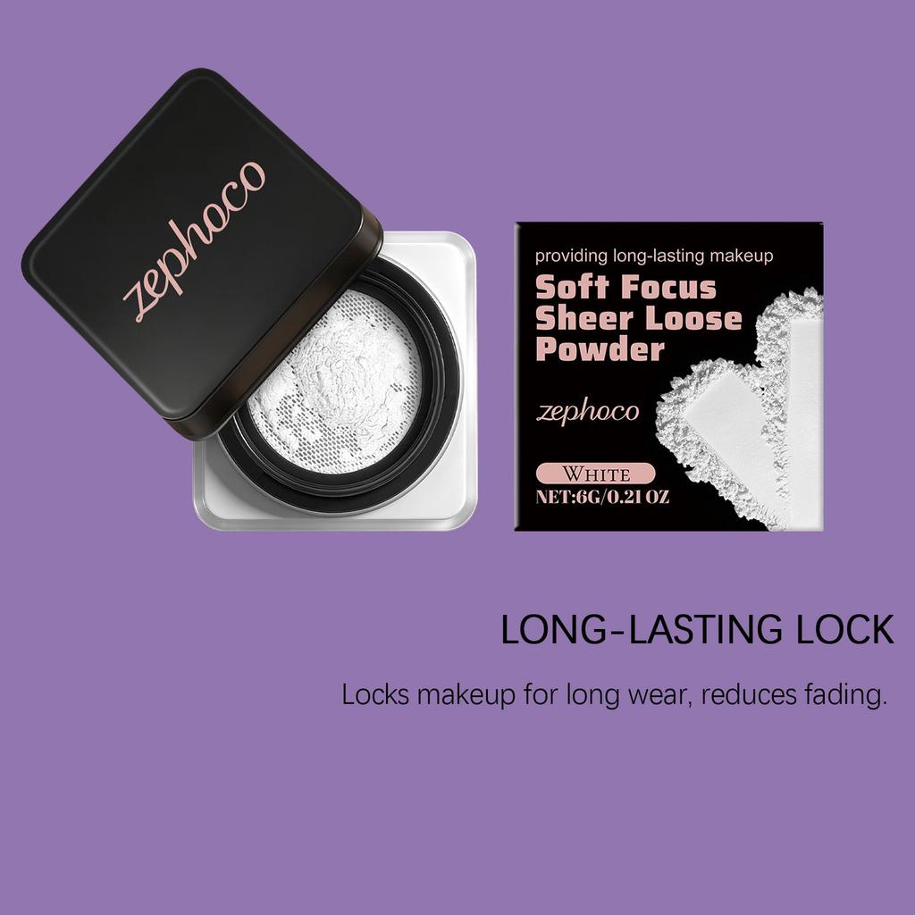 Zephoco White Matte Translucent Loose Powder: Natural, Long-Lasting, Lightweight, and Adherent for a Subtle Makeup Finish.
