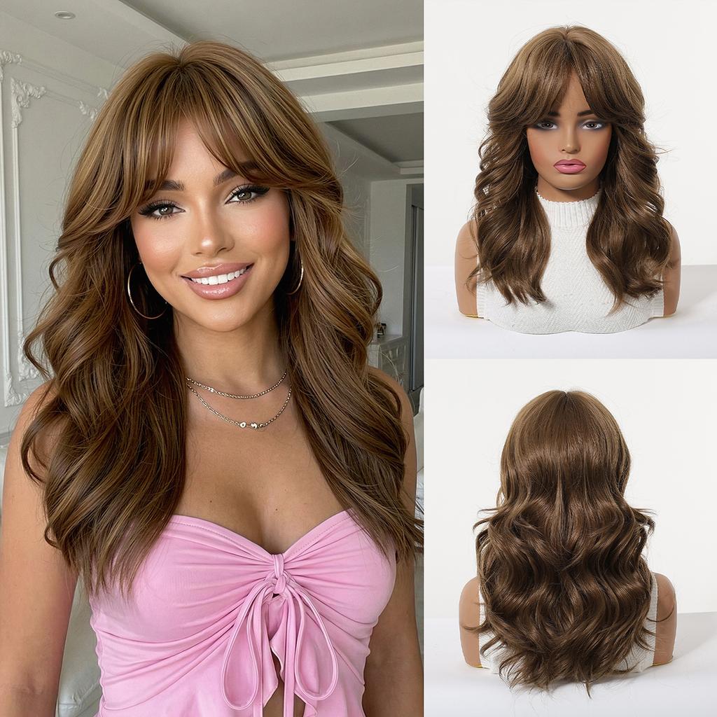 16inch Long Blonde Body Wavy Synthetic Wigs with Bangs for Women Heat Resistant Natural Hairs Wig for Daily Cosplay Party Wear