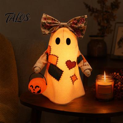 Soft Illuminated Ghost Statue Lighted Vintage Patchwork Ghost, Halloween Light Up Quilted Doll with Pumpkin Fabric Ornament Lantern, Rustic Farmhouse