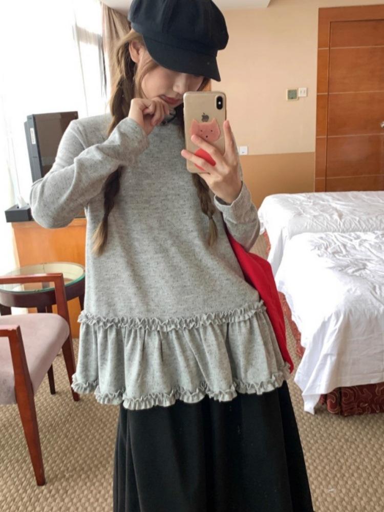 Korean-Style Polka Dot Ruched Long Sleeve T-Shirt – Autumn/Winter Slimming Casual Top