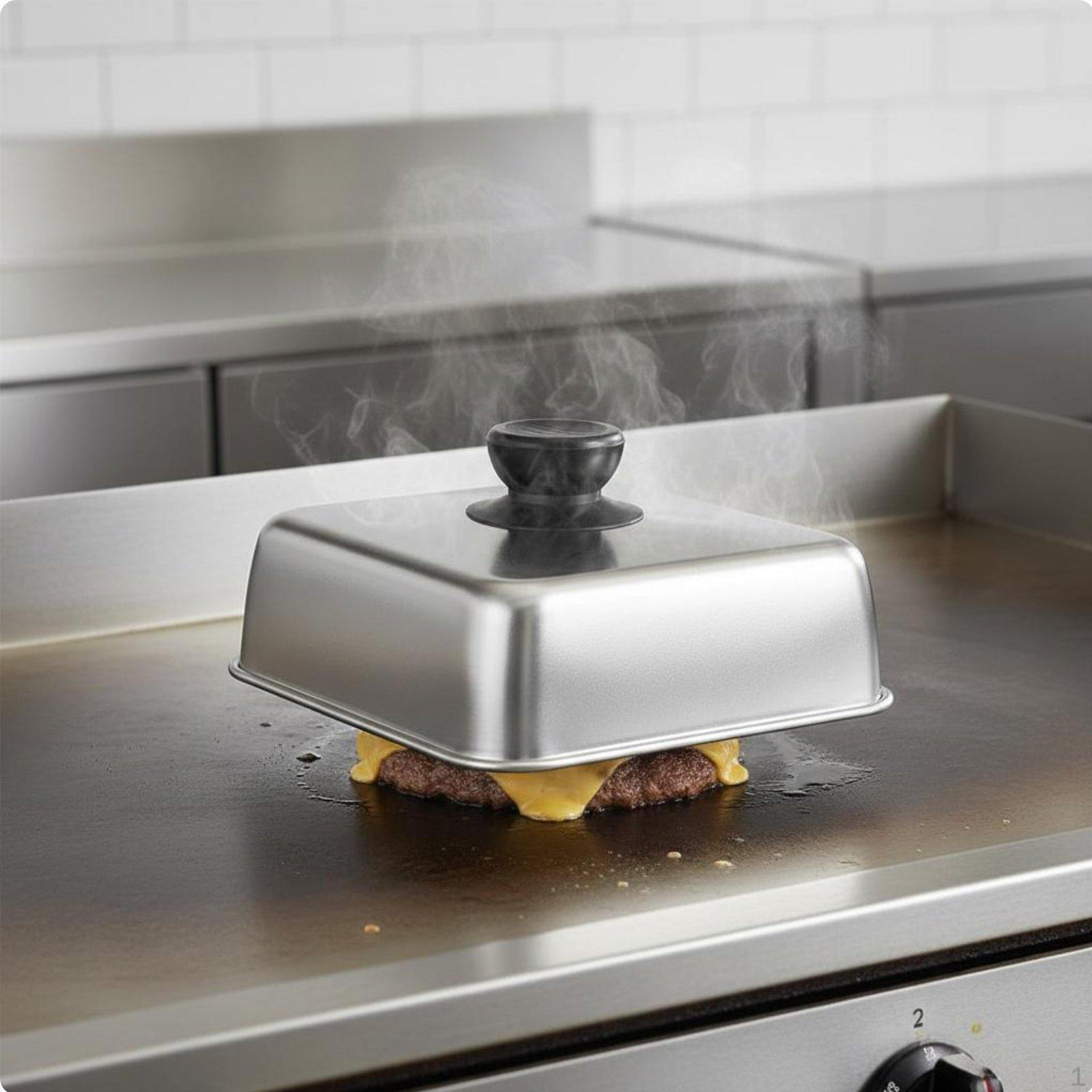 Square Burger Cover Cooks Evenly Cheese Melting Dome Rust Resistant Basting for BBQ 16-16-5cm Round Handle