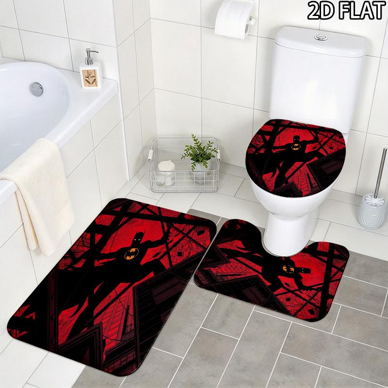 3pcs Black and Red Batman Pattern Flannel Nonslip Absorbent Washable Decorative Bathroom Home Toilet Seat Cover Mat