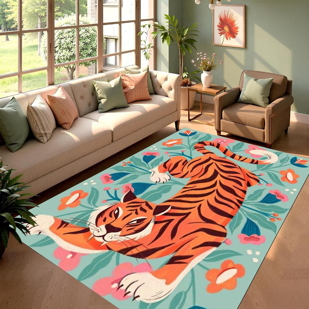 Wohnzimmerteppich Tiger mit Blumen Luxuriöser Kunststil Teppich Rutschfest Leicht zu Reinigen Glücksbringende Künstlerische Heimdeko Matte