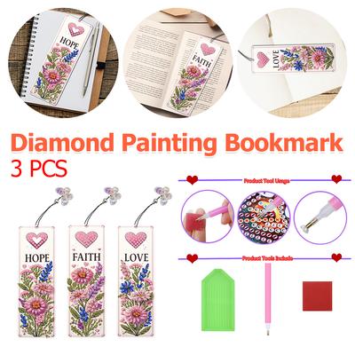 3PCS Special Shaped Tag Flowers Plants Diamond Painting Bookmark DIY Diamond Bookmark with Crystal Pendant for Reading Lover