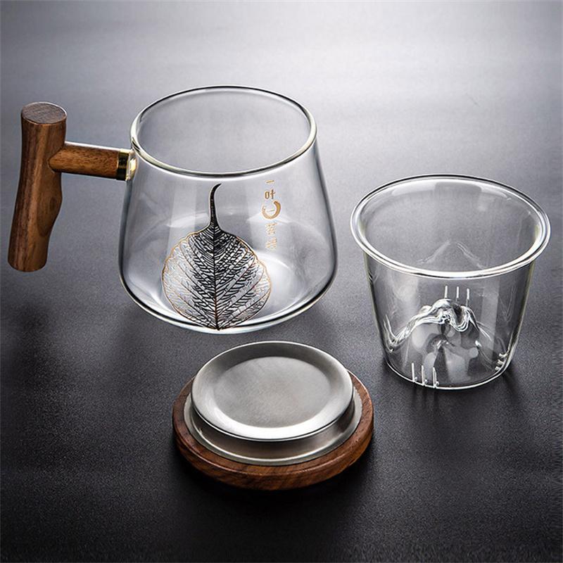 Szklany kubek do herbaty Zen Liść Bodhi 400 ml, złocony, z zaparzaczem i drewnianą rączką pokrywki, kubek do herbaty kwiatowej do biura, do oddzielania herbaty