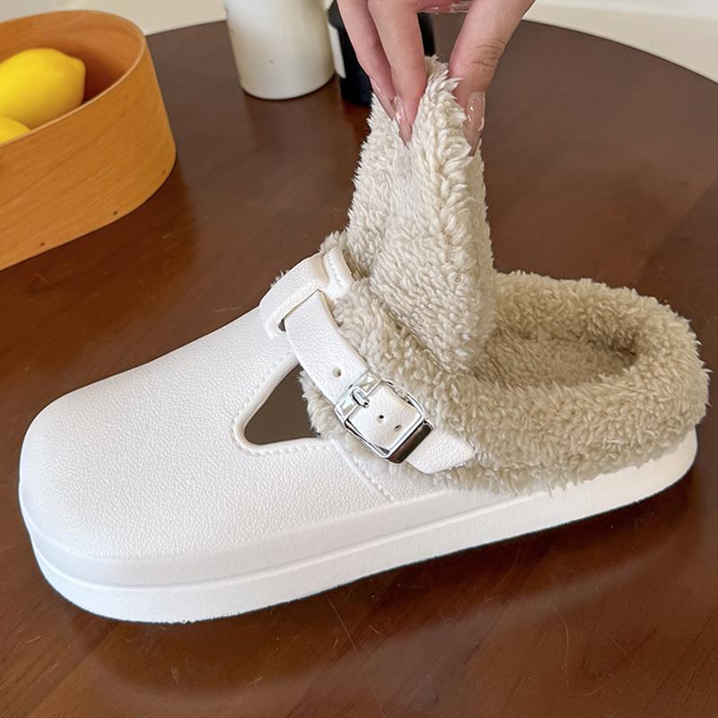 Fashion Autumn Winter Fur Clog Slippers Women 2025 Lightweight Non Slip Indoor Cotton Slippers Woman Buckle Decor Soft Sole Birken Shoes