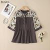 ZANZEA Women Casual Round Neck Print Splice Loose Half Sleeve Blouse