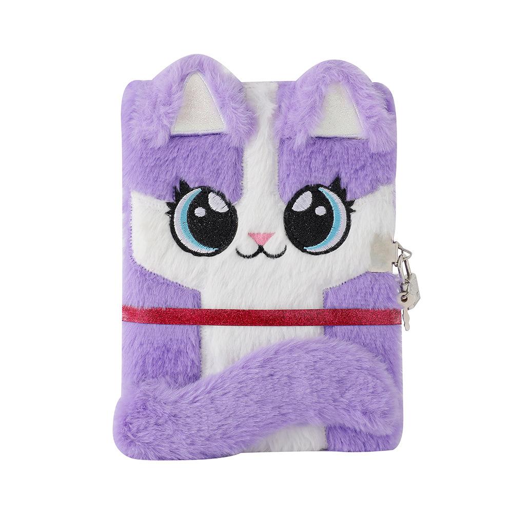 Cute Cat Plush Notebook with Lock 4 Colors Soft Furry Journal Diary, Secret Password Book for Girls Kids School Stationery Gifts