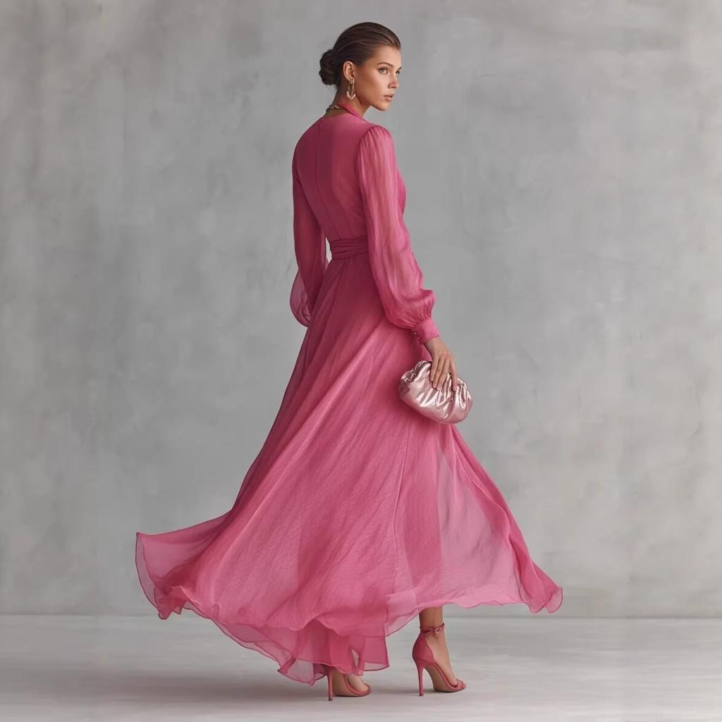 Europe, America 2026 spring and summer elegant V-neck waist chiffon dress cardigan slim dress