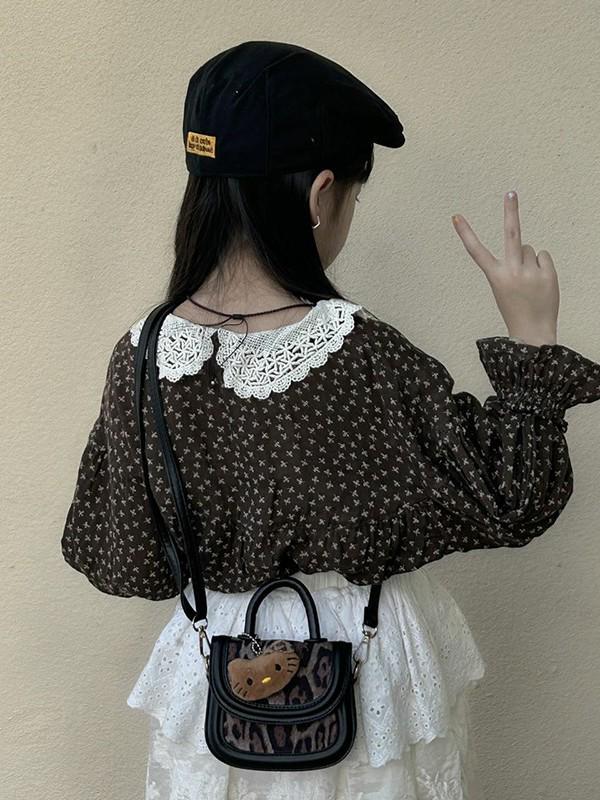 Korean Style Leopard Print Girls' Shoulder Bag - Cute Cat Design Fashionable Crossbody Handbag