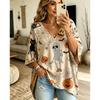 Halloween Printed T-shirt, Pumpkin Lantern Ghost T-shirt, Plus Size Women's V-neck Bat Sleeve Seven Quarter Sleeve Casual Top