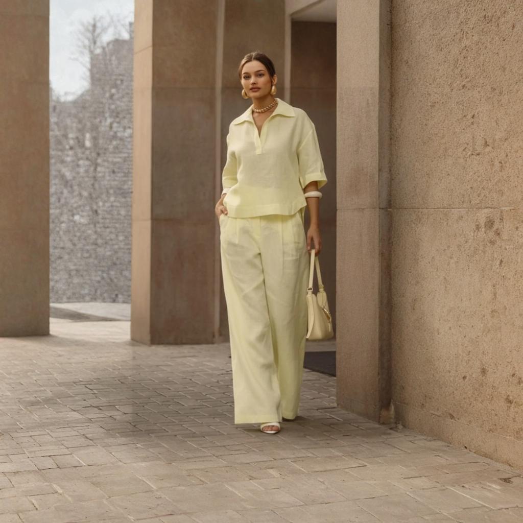 Women's Casual Two-piece Collar Top And Wide Leg Pants Set