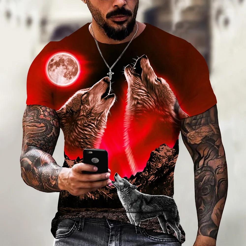 2026 Wolf Pattern Animal Print Short Sleeve Top 3D Casual Streetwear Men's T-Shirt Loose Vintage Style