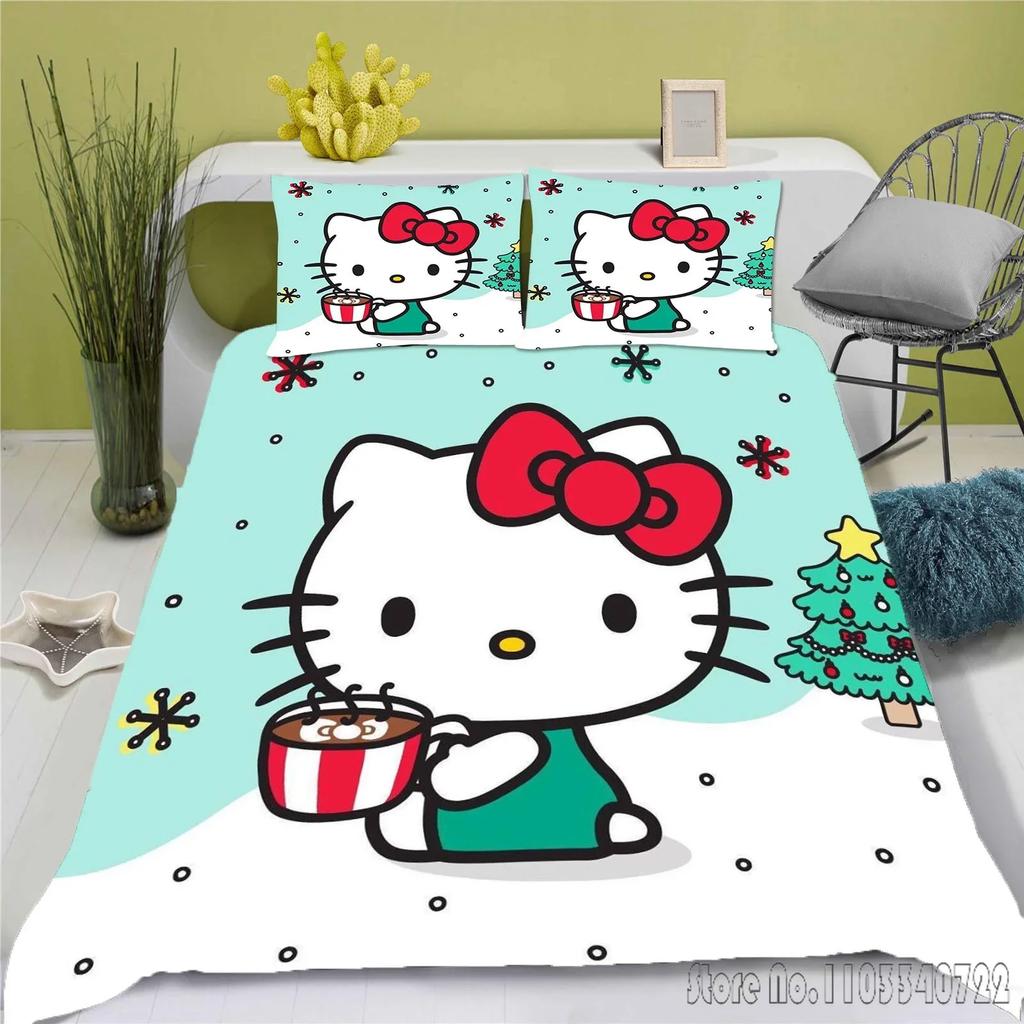Set de Lenjerie de Pat Anime Hello Kitty Husa de Plapumă 100% Poliester Potrivit Pentru Copii Și Adulți Set de 3 Piese 1 Husa de Plapumă