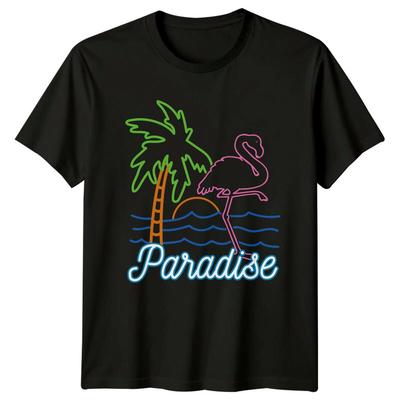 Retro Paradise Flamingo Beach T-Shirt Neon Palm Tree Vacation Tee