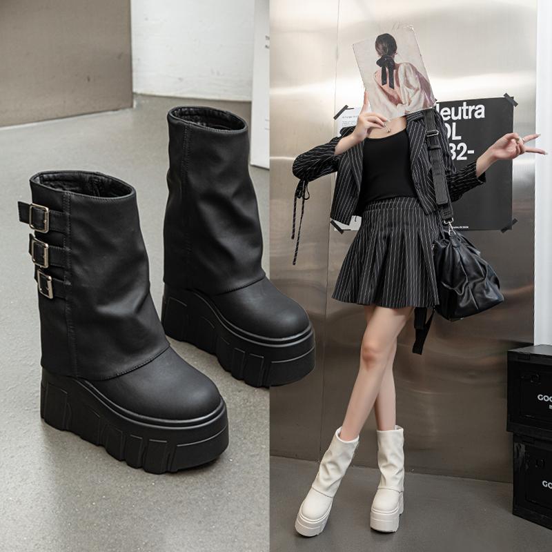 Kalhotové kozačky Dámské Podzim Zima Tenký Fleece Dámské Kotníkové Boty Vysoký Podpatek Platforma Přezka s Páskem Trend Dámské Kozačky
