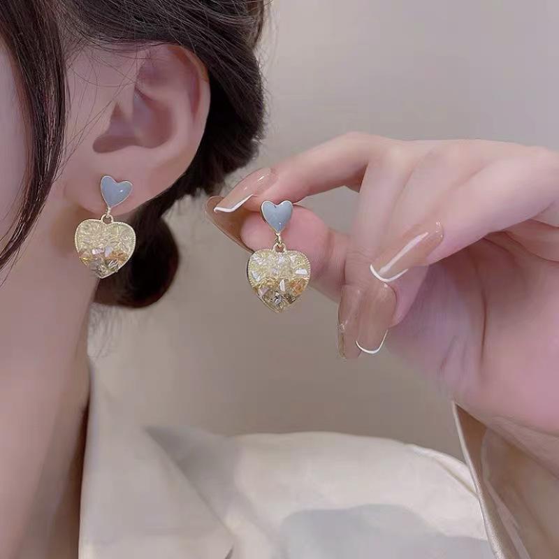 S925 Silver Heart Crystal Earrings for Women - Retro Hong Kong Style, Luxurious Fashion Trend Ear Studs