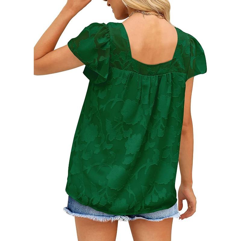 Summer Women T-shirt Square Neck Lace Hollow Out Casual Loose Short Sleeve Chiffon Shirt