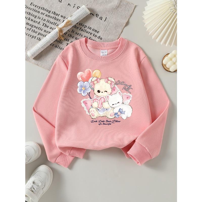 Kids Crewneck Sweatshirt, Cute Bear & Cat Pillow Creative Print,Daily Casual Top for Spring & Autumn