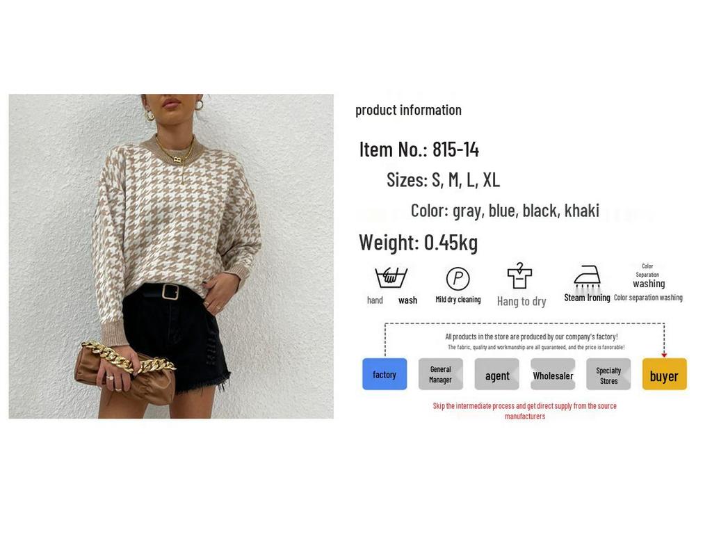 Autumn/Winter Women's Houndstooth Diamond Knit Sweater Pullover