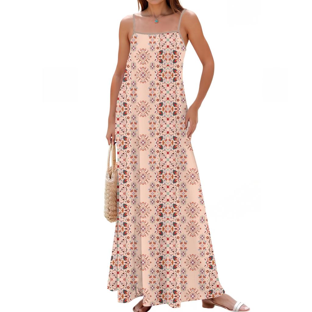 Women's Summer Casual Fashion Adjustable Suspenders Printed Long Dress