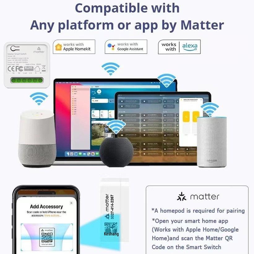 Matteroverwifi Smart HomeKit-Alexa-Google Switch, 10A Voice Control Remote